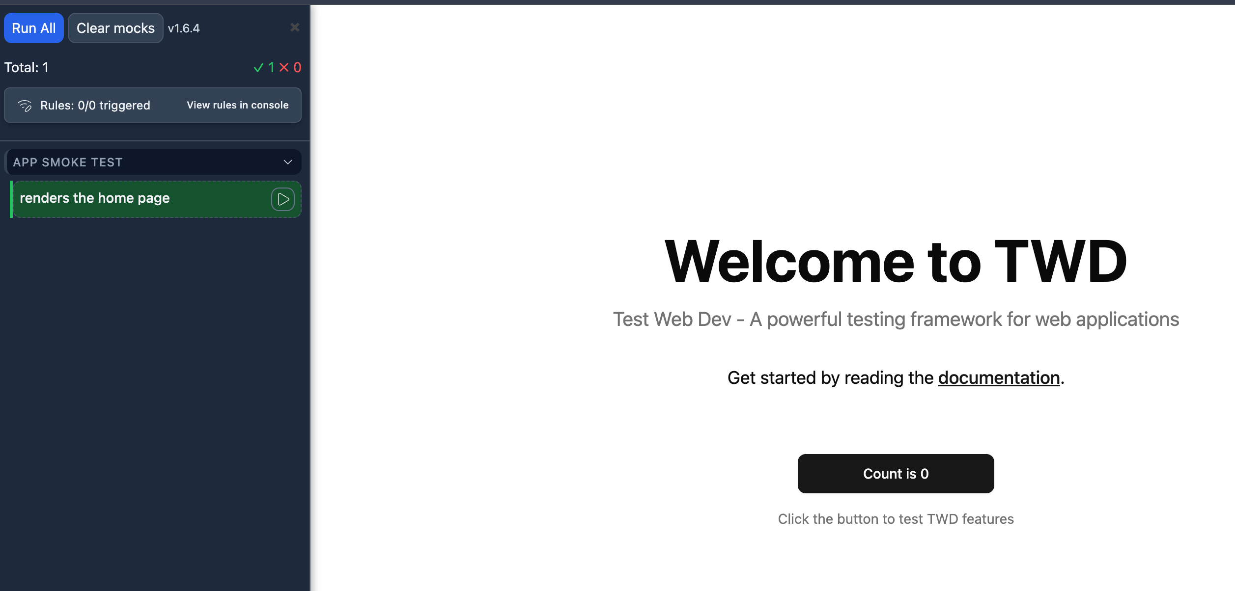 TWD Setup - Default test executed successfully