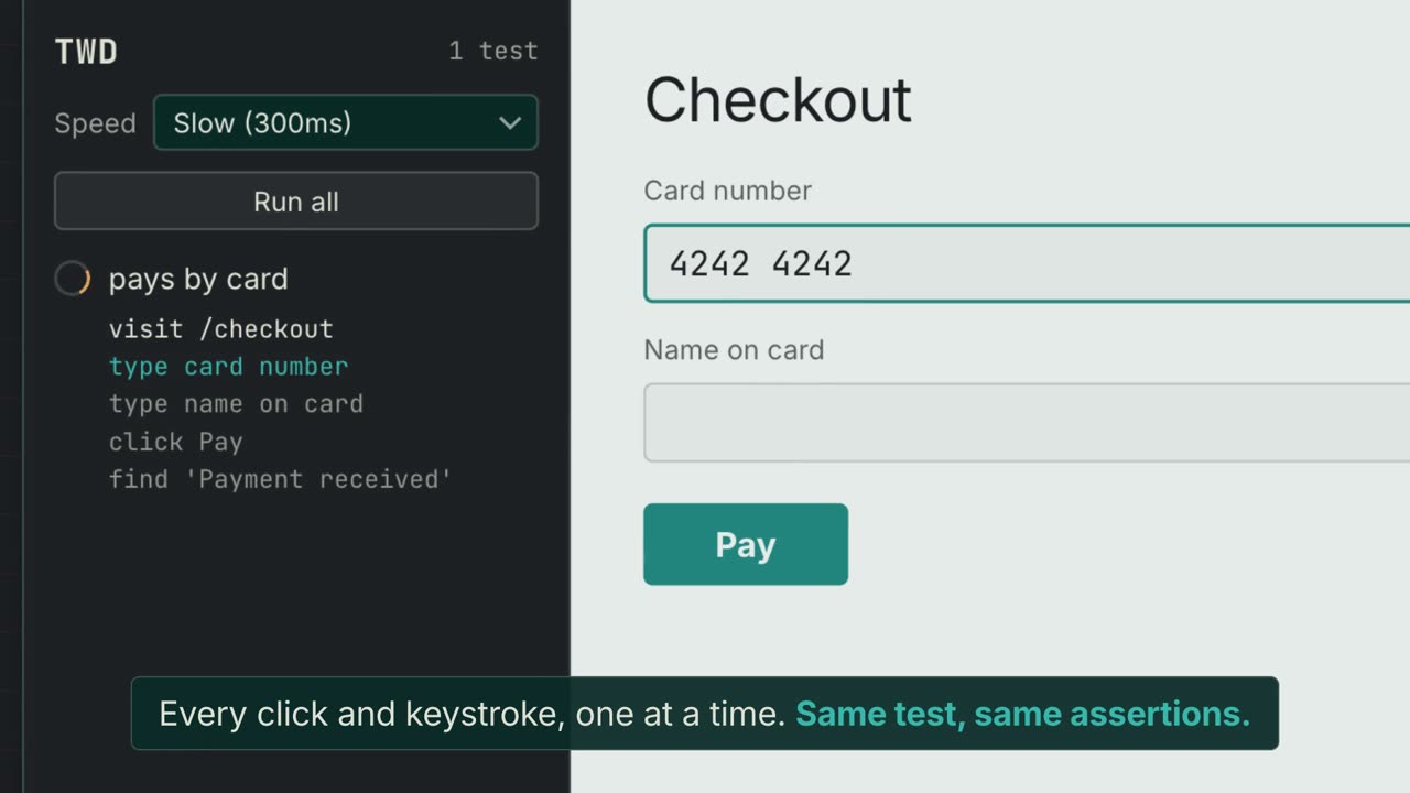 A run at full speed finishes instantly. The Speed selector in the TWD sidebar is switched to Slow (300ms), and the rerun types the card number and name one key at a time while the sidebar highlights each command.