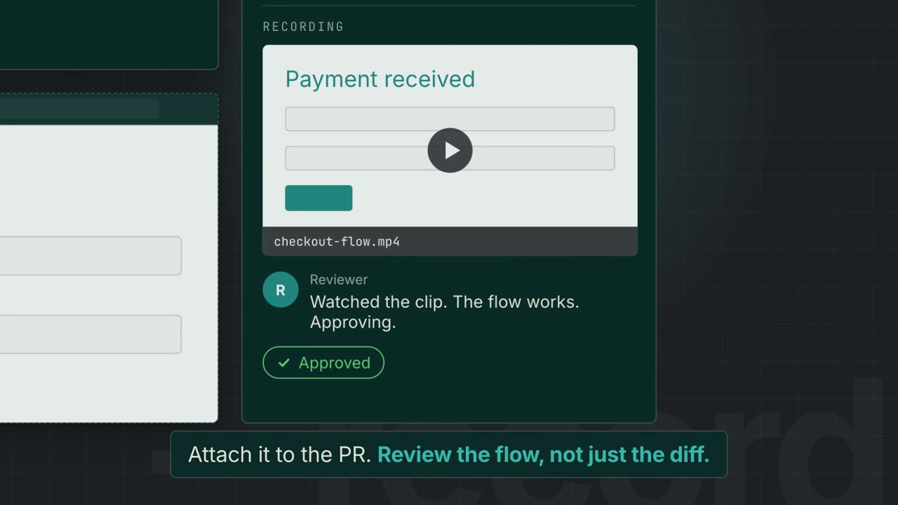 npx twd-cli run --record records a paced headless run of the checkout flow. The resulting checkout-flow.mp4 is attached to a pull request, where a reviewer watches it and approves.