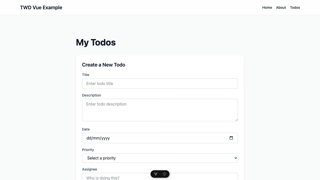 Recorded test run: a todo form is filled in field by field, typed character by character, then submitted, and the new todo appears in the list below.