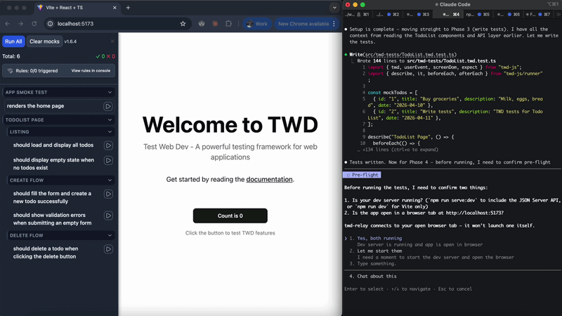 AI agent driving TWD: writing tests and watching them pass in the browser sidebar