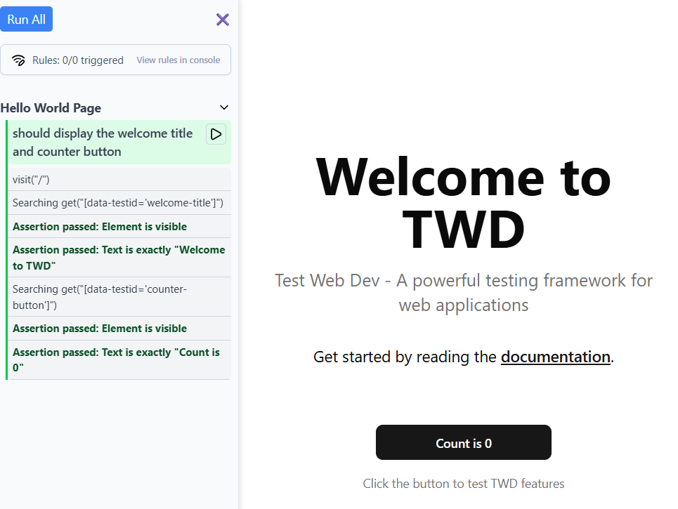 TWD Sidebar showing test execution